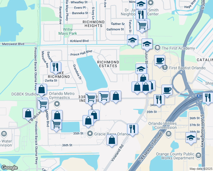 map of restaurants, bars, coffee shops, grocery stores, and more near 4353 Crossroads Court in Orlando