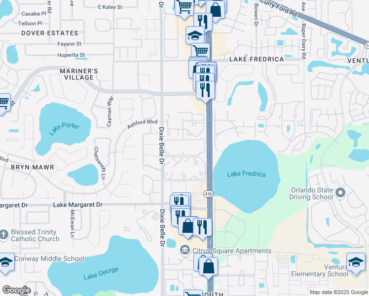 map of restaurants, bars, coffee shops, grocery stores, and more near 3244 South Semoran Boulevard in Orlando