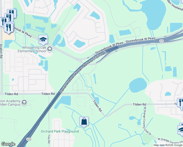 map of restaurants, bars, coffee shops, grocery stores, and more near 1727 Woodlark Way in Winter Garden