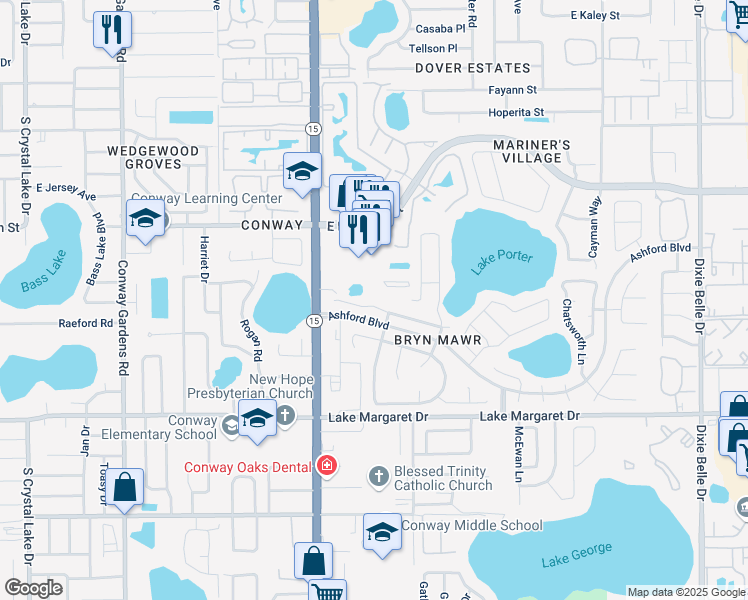 map of restaurants, bars, coffee shops, grocery stores, and more near 4573 South Hampton Drive in Orlando
