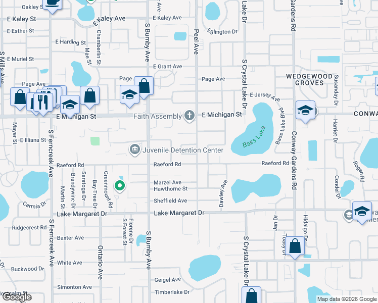 map of restaurants, bars, coffee shops, grocery stores, and more near 2721 Shannon Road in Orlando