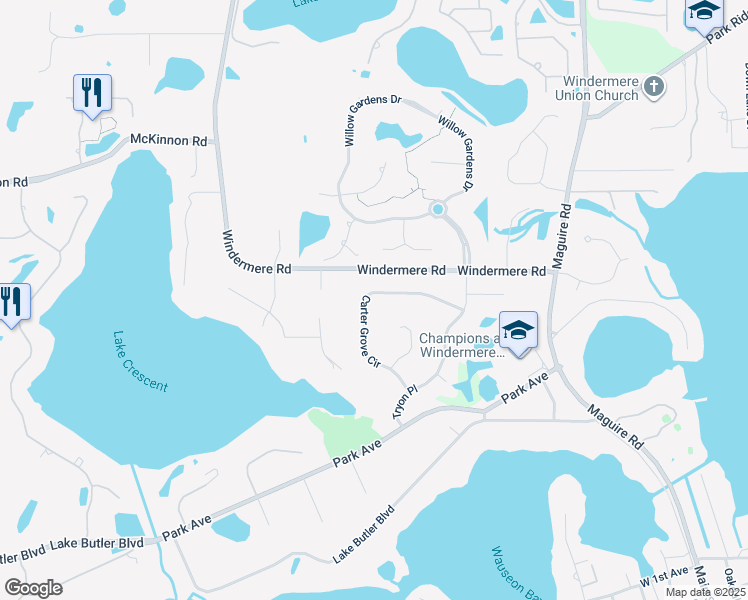 map of restaurants, bars, coffee shops, grocery stores, and more near 2563 Carter Grove Circle in Windermere