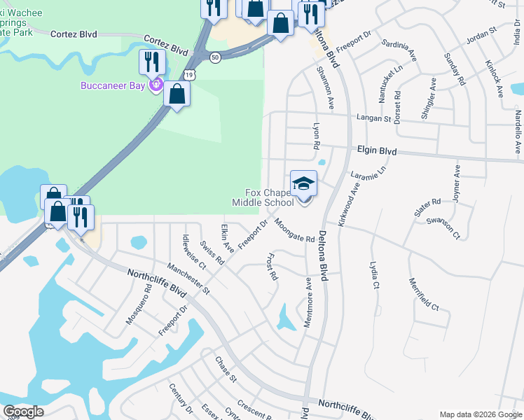 map of restaurants, bars, coffee shops, grocery stores, and more near 5417 Moongate Road in Spring Hill