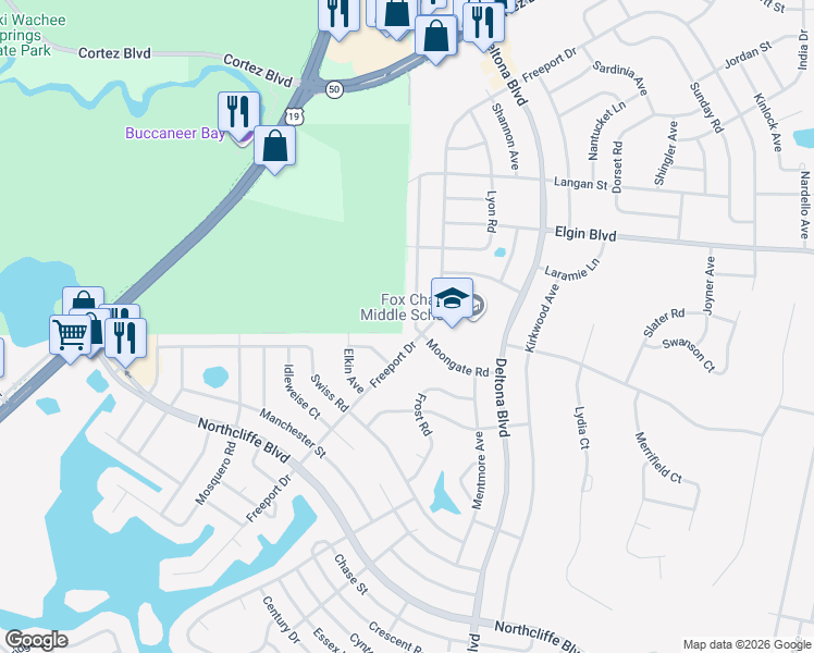 map of restaurants, bars, coffee shops, grocery stores, and more near 5417 Moongate Road in Spring Hill