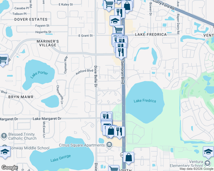 map of restaurants, bars, coffee shops, grocery stores, and more near 3030 South Semoran Boulevard in Orlando