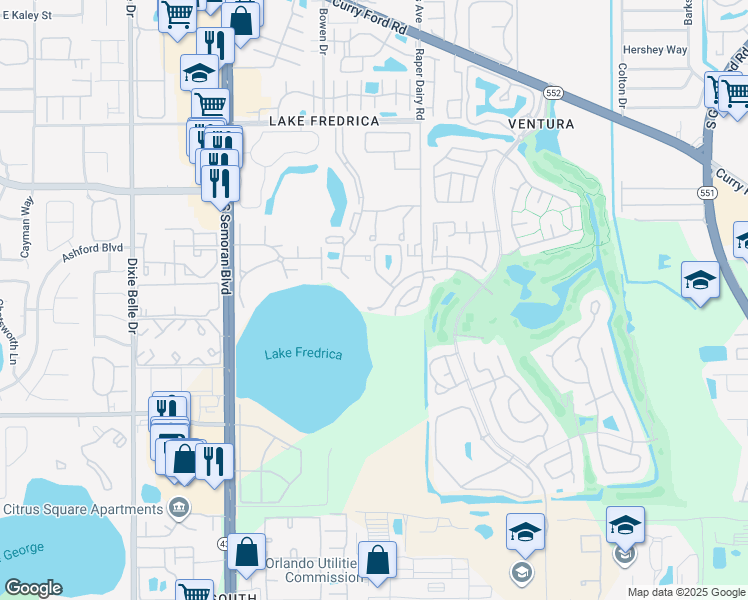 map of restaurants, bars, coffee shops, grocery stores, and more near 5987 Lake Pointe Drive in Orlando