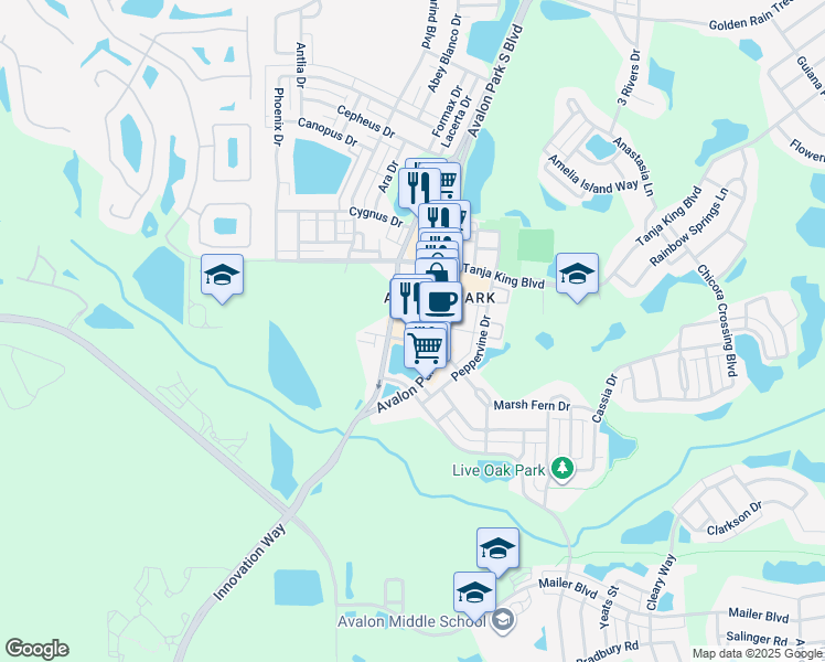 map of restaurants, bars, coffee shops, grocery stores, and more near 12001 Avalon Lake Drive in Orlando