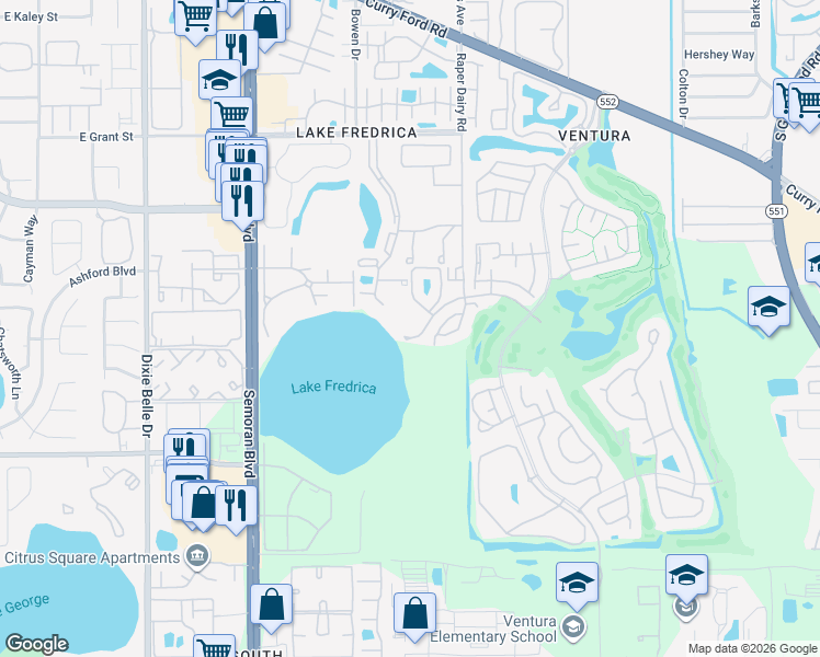 map of restaurants, bars, coffee shops, grocery stores, and more near 5987 Lake Pointe Drive in Orlando