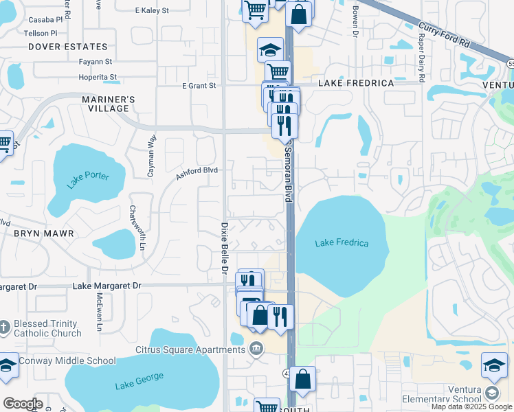 map of restaurants, bars, coffee shops, grocery stores, and more near 3244 South Semoran Boulevard in Orlando