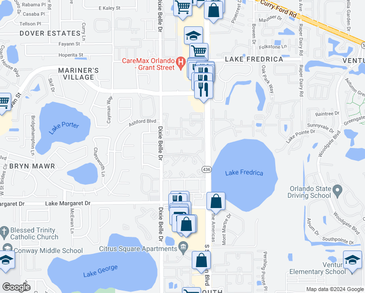 map of restaurants, bars, coffee shops, grocery stores, and more near 3244 South Semoran Boulevard in Orlando