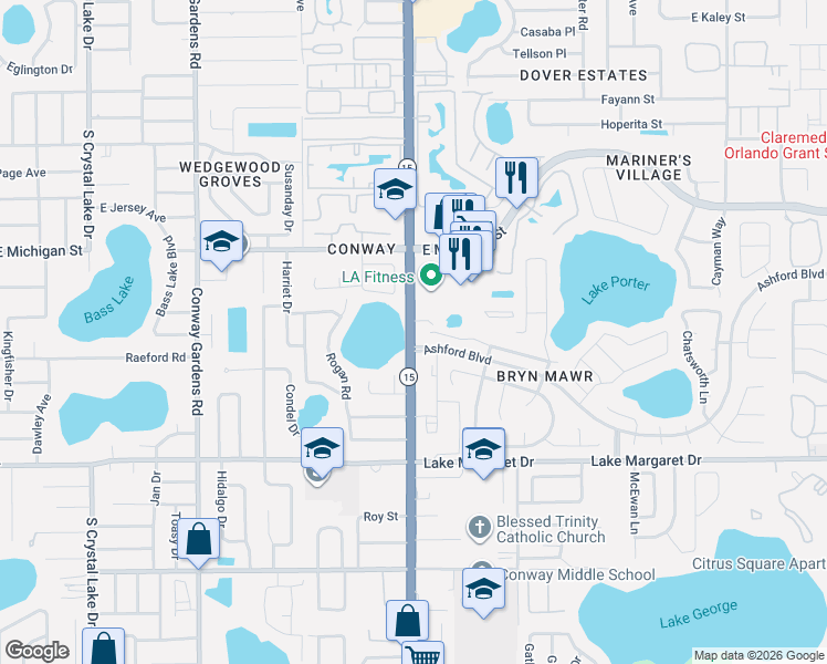 map of restaurants, bars, coffee shops, grocery stores, and more near in Orlando