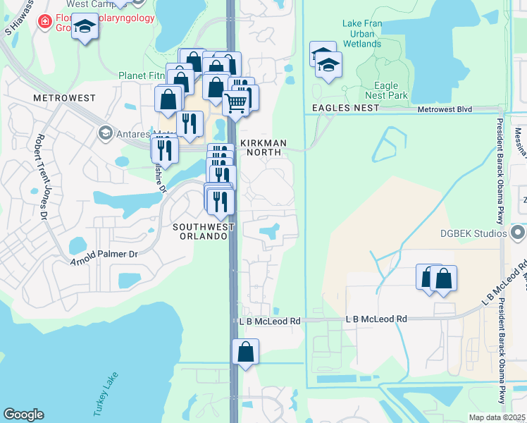 map of restaurants, bars, coffee shops, grocery stores, and more near 5560 Arnold Palmer Drive in Orlando