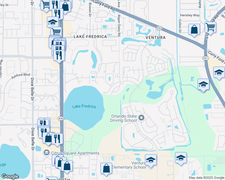map of restaurants, bars, coffee shops, grocery stores, and more near 3235 Candle Ridge Drive in Orlando