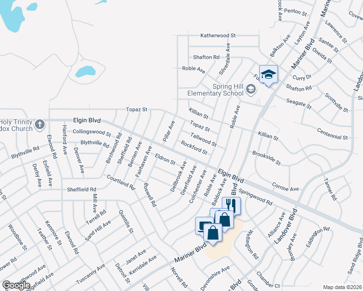 map of restaurants, bars, coffee shops, grocery stores, and more near 5331 Pierpoint Avenue in Spring Hill