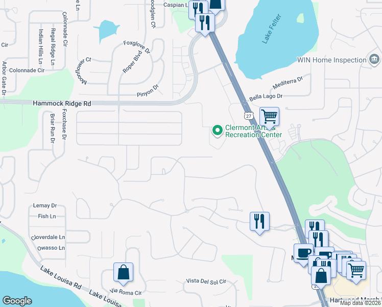 map of restaurants, bars, coffee shops, grocery stores, and more near 1470 Misty Glen Lane in Clermont