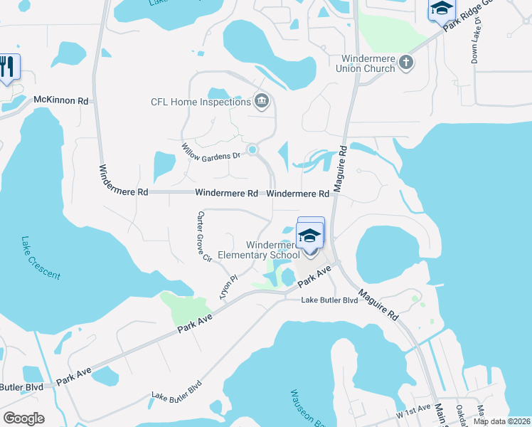 map of restaurants, bars, coffee shops, grocery stores, and more near 2508 Carter Grove Circle in Windermere