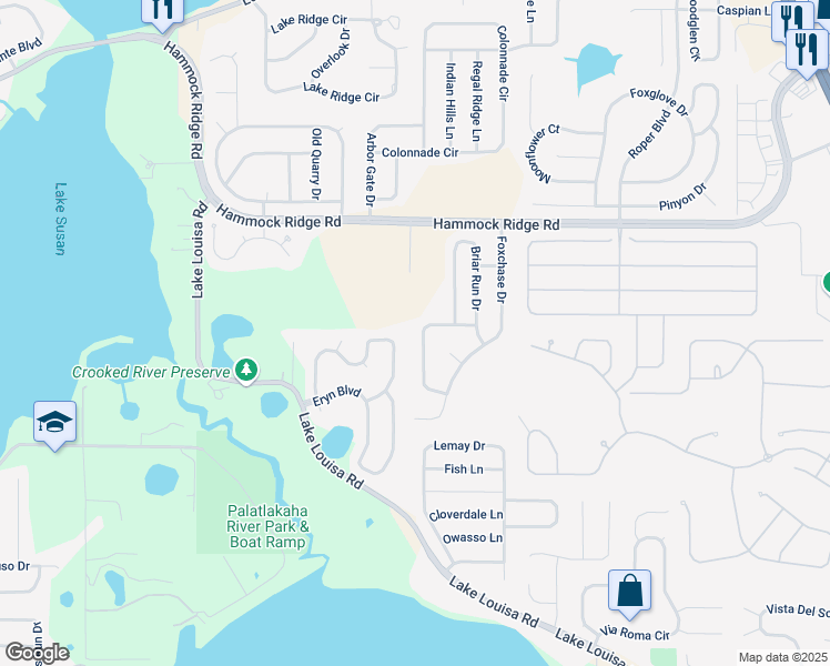 map of restaurants, bars, coffee shops, grocery stores, and more near 852 Crooked Branch Drive in Clermont