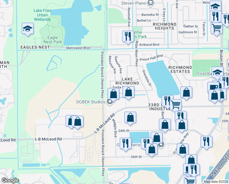 map of restaurants, bars, coffee shops, grocery stores, and more near 4709 Alhama Street in Orlando