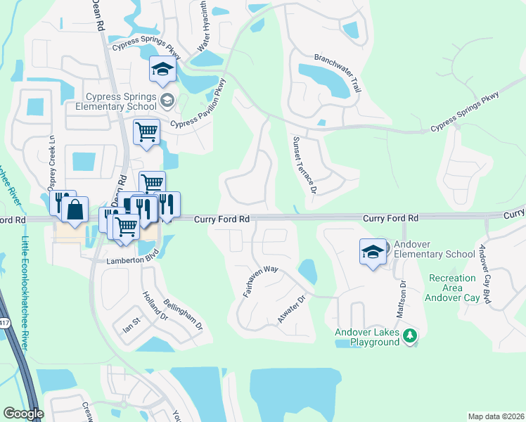 map of restaurants, bars, coffee shops, grocery stores, and more near 2708 Cypressway Court in Orlando