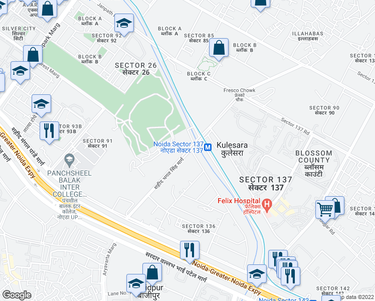 map of restaurants, bars, coffee shops, grocery stores, and more near शहीद भगत सिंह मार्ग in Noida