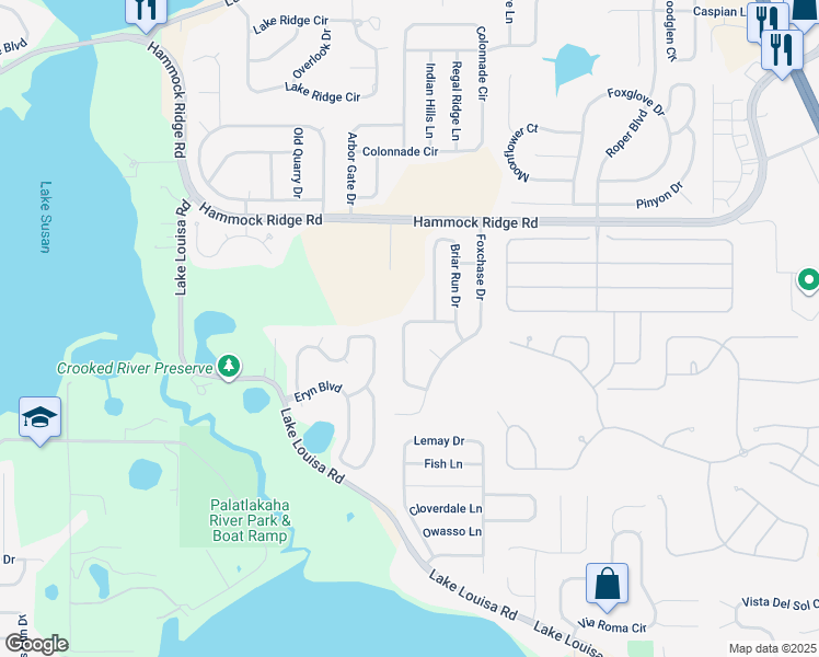 map of restaurants, bars, coffee shops, grocery stores, and more near 852 Crooked Branch Drive in Clermont