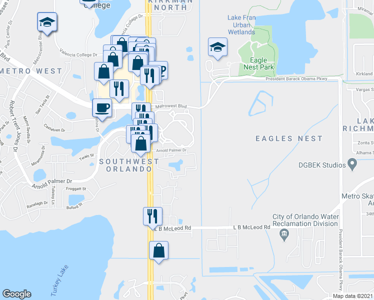 map of restaurants, bars, coffee shops, grocery stores, and more near 5578 Arnold Palmer Drive in Orlando