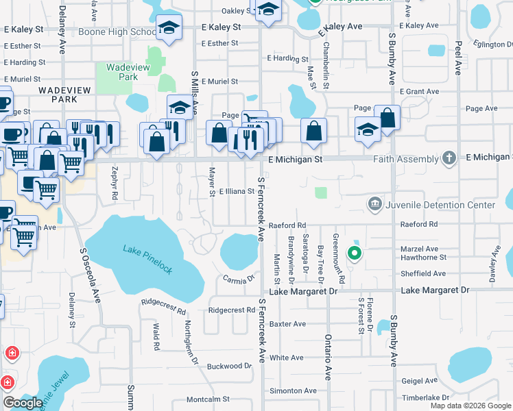 map of restaurants, bars, coffee shops, grocery stores, and more near 2812 South Ferncreek Avenue in Orlando