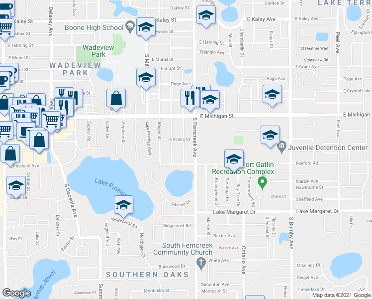 map of restaurants, bars, coffee shops, grocery stores, and more near 2812 South Ferncreek Avenue in Orlando