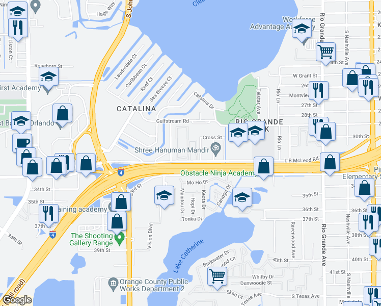 map of restaurants, bars, coffee shops, grocery stores, and more near 2787 L B McLeod Road in Orlando
