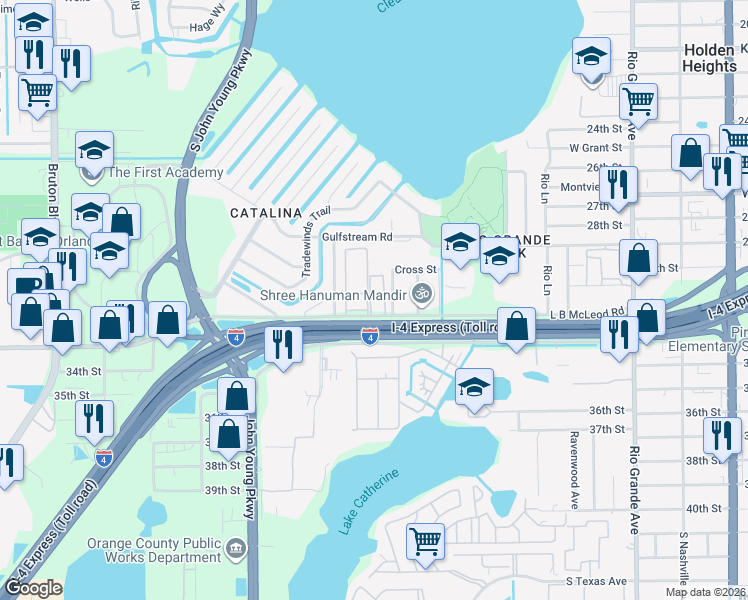map of restaurants, bars, coffee shops, grocery stores, and more near 2787 L B McLeod Road in Orlando