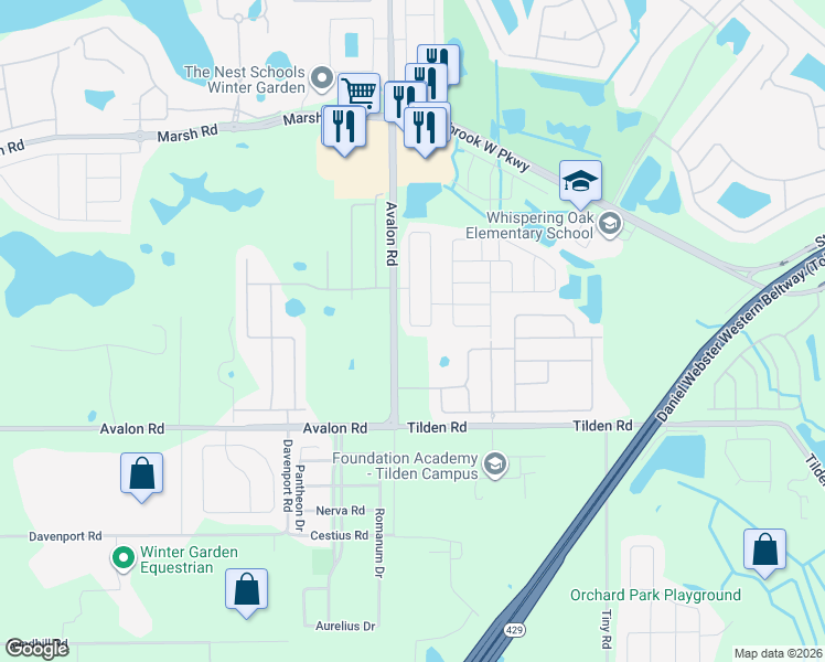 map of restaurants, bars, coffee shops, grocery stores, and more near 2032 Portcastle Circle in Winter Garden