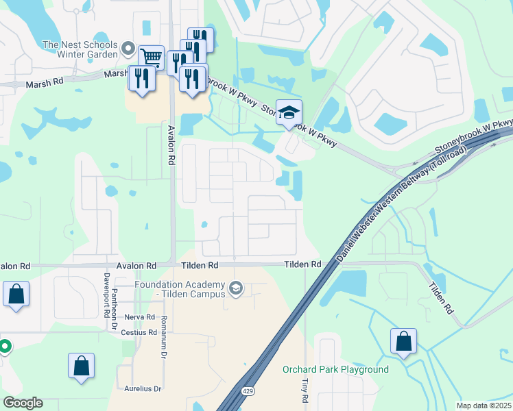 map of restaurants, bars, coffee shops, grocery stores, and more near 15155 Ovation Drive in Winter Garden