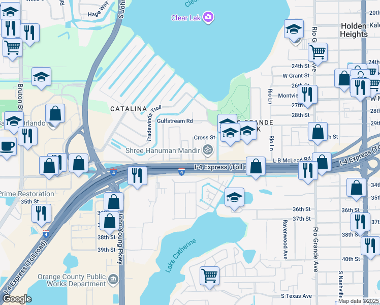 map of restaurants, bars, coffee shops, grocery stores, and more near 2751 L B McLeod Road in Orlando