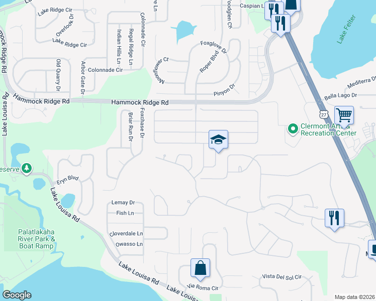 map of restaurants, bars, coffee shops, grocery stores, and more near 1124 Calloway Circle in Clermont