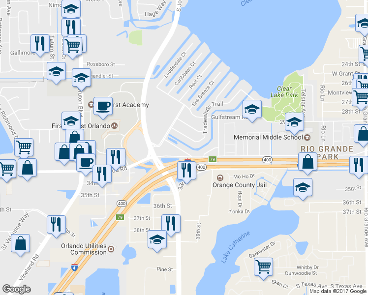 map of restaurants, bars, coffee shops, grocery stores, and more near 3205 Surfside Way in Orlando