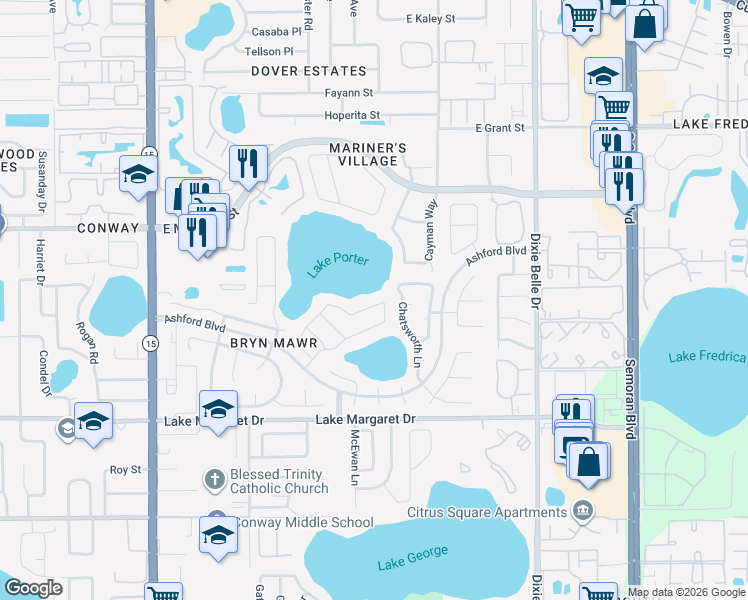 map of restaurants, bars, coffee shops, grocery stores, and more near 3020 Tall Timber Drive in Orlando