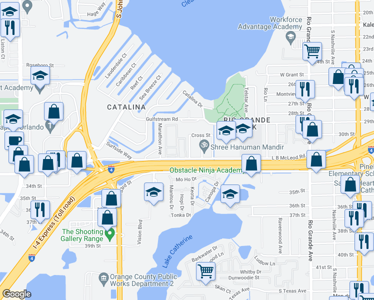 map of restaurants, bars, coffee shops, grocery stores, and more near 3107 Herbert Lane in Orlando