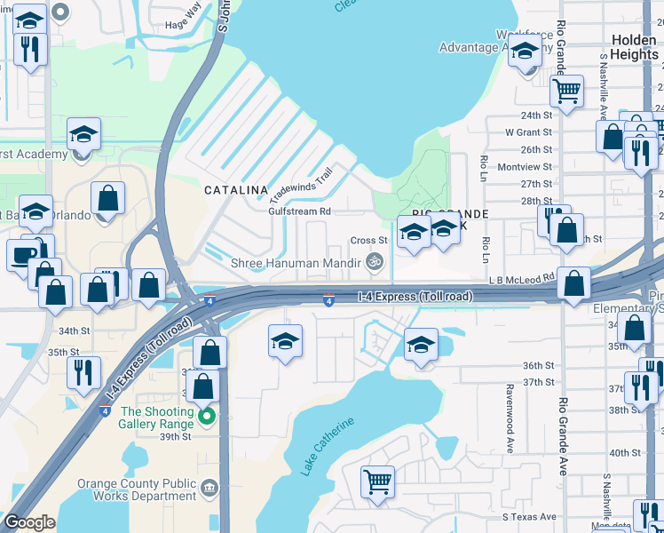map of restaurants, bars, coffee shops, grocery stores, and more near 2787 L B McLeod Road in Orlando