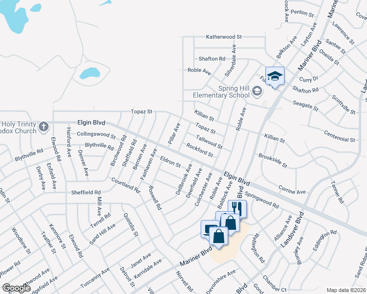 map of restaurants, bars, coffee shops, grocery stores, and more near 5331 Pierpoint Avenue in Spring Hill