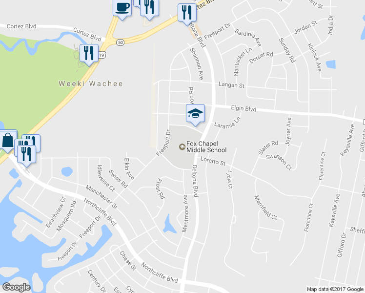 map of restaurants, bars, coffee shops, grocery stores, and more near 9412 Fox Chapel Lane in Spring Hill