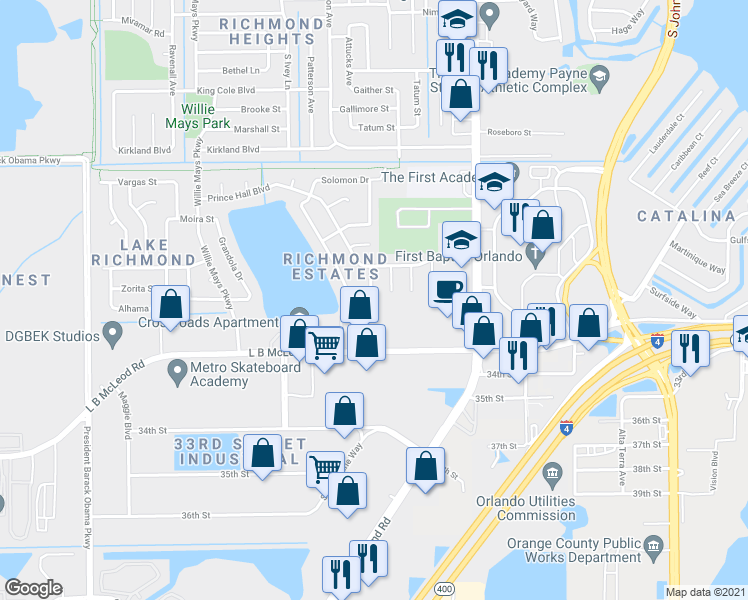 map of restaurants, bars, coffee shops, grocery stores, and more near 4229 Lake Richmond Drive in Orlando