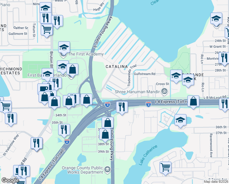 map of restaurants, bars, coffee shops, grocery stores, and more near 3205 Surfside Way in Orlando