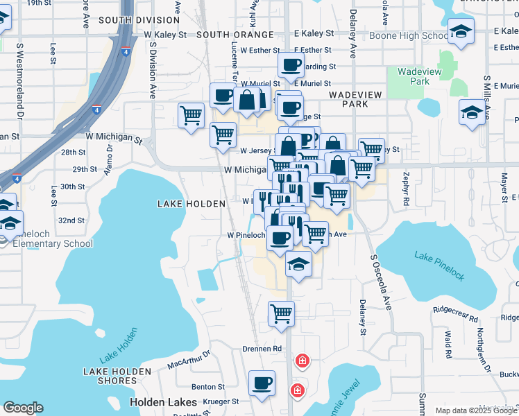map of restaurants, bars, coffee shops, grocery stores, and more near 54 West Illiana Street in Orlando