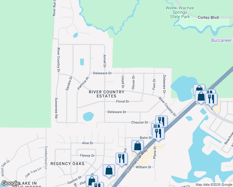 map of restaurants, bars, coffee shops, grocery stores, and more near 7564 River Country Drive in Weeki Wachee