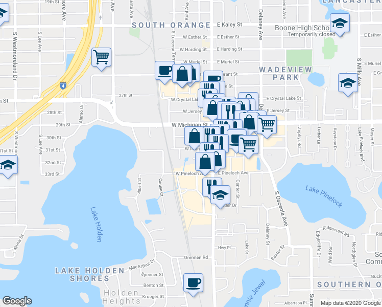 map of restaurants, bars, coffee shops, grocery stores, and more near 54 West Illiana Street in Orlando