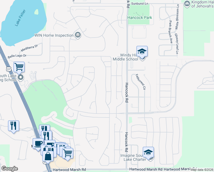 map of restaurants, bars, coffee shops, grocery stores, and more near 3809 Westerham Drive in Clermont