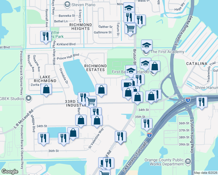 map of restaurants, bars, coffee shops, grocery stores, and more near 4229 Lake Richmond Drive in Orlando