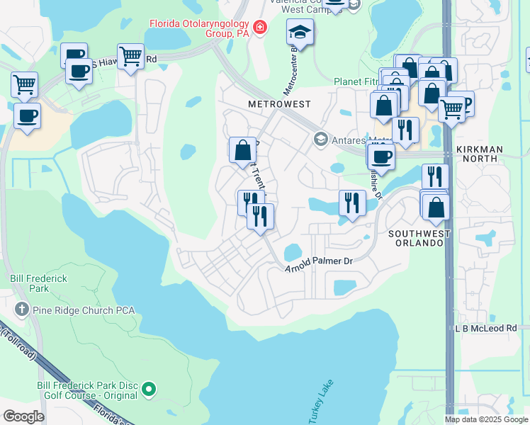 map of restaurants, bars, coffee shops, grocery stores, and more near 3015 Metro Sevilla Drive in Orlando