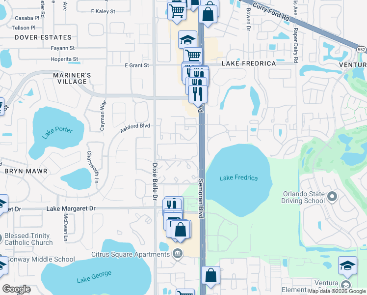 map of restaurants, bars, coffee shops, grocery stores, and more near 3244 South Semoran Boulevard in Orlando