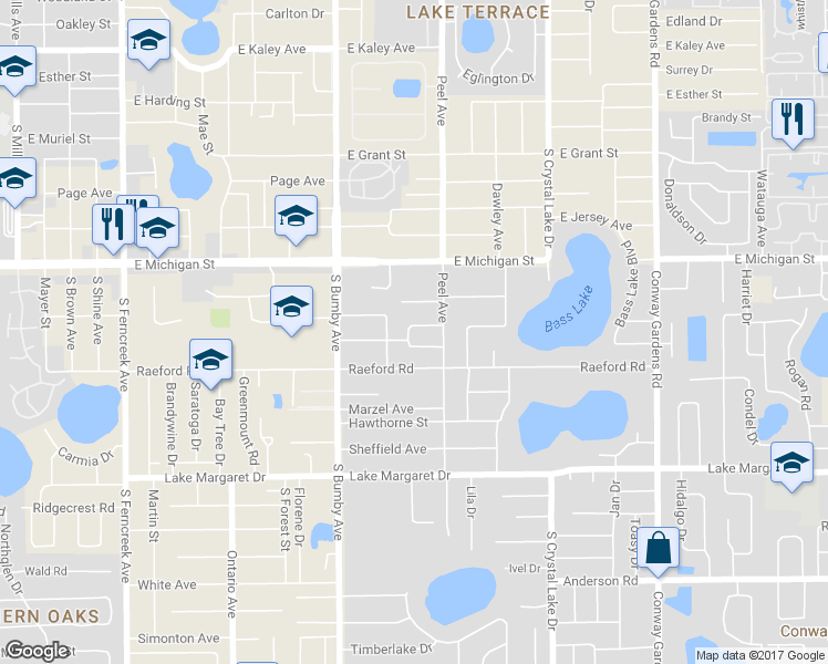 map of restaurants, bars, coffee shops, grocery stores, and more near 2727 Shannon Road in Orlando